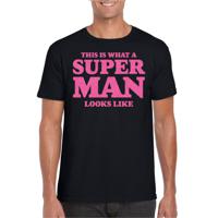 Verkleed T-shirt voor heren - super man - zwart - glitter roze - carnaval/themafeest - Vaderdag - thumbnail