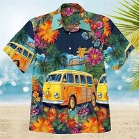 Voor heren Overhemd Hawaiiaans overhemd Bloemig Grafische prints Hippie Bus Strijkijzer Geel Marineblauw blauw Licht Blauw Buiten Straat Korte Mouw Afdrukken Kleding Modieus Streetwear Ontwerper Lightinthebox - thumbnail