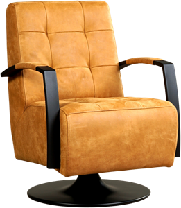 Cognac leren industriële draaifauteuil Mind - staal zwart frame met schotelvoet - Kenia Leer Cognac (cognac leer)