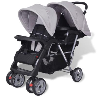 VidaXL Kinderwagen dubbel staal grijs en zwart