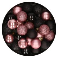 Kleine kerstballen - 28x st - zwart en oudroze - D3 cm - kunststof - kerstversiering