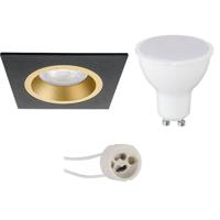 LED Spot Set - Pragmi Rodos Pro - GU10 Fitting - Inbouw Vierkant - Mat Zwart/Goud - 4W - Natuurlijk Wit 4200K - 93mm