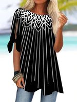 Women Half Sleeve Crew Neck Striped Stitching Women Tops