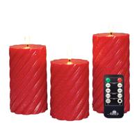 Luxe LED kaarsen/stompkaarsen set - 3x st - rood - swirl - met afstandsbediening