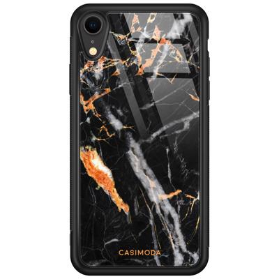 iPhone XR glazen case naam - Marmer zwart oranje