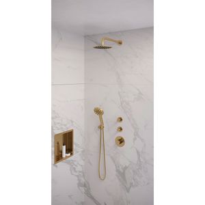 Regendoucheset Inbouw Brauer Gold Edition Thermostatisch 20 cm met Gebogen Wandarm en Handdouche 3-Standen Losse Stopkranen Geborsteld Goud Brauer