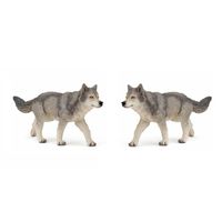 Set van 2x stuks plastic speelgoed figuur grijze wolf/wolven 12 cm