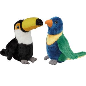 Tropische vogels pluche knuffels 2x stuks - Lori Parkiet en Toekan van 15 cm