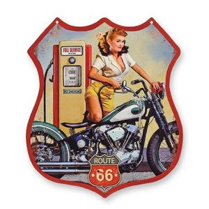 Wandplaat Route 66 Benzinepomp Girl