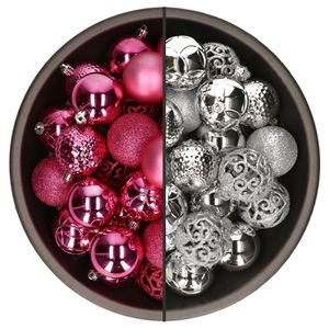 74x stuks kunststof kerstballen mix van fuchsia roze en zilver 6 cm