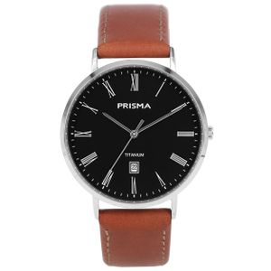 Prisma P.1486 Horloge titanium-leder zilverkleurig-bruin-zwart 41 mm