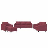 vidaXL 4-delige Loungeset met kussens stof wijnrood, fauteuil, 3-zitsbank, sofa, 2-zitsbank, bank, 2 zitsbank, zitbank, fauteuil stoel, 2 zits bank