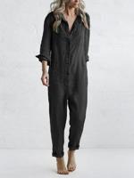 Casual Loose Plain Shawl Collar Shirt Jumpsuit