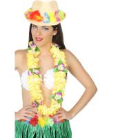 Carnaval verkleed set - Tropische Hawaii party - bloemen band strohoedje - en bloemenkrans geel