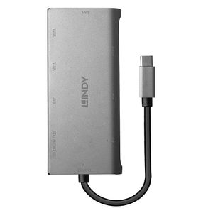 LINDY 43278 USB-C Converter [1x USB-C stekker - 3x USB 3.2 Gen 1 bus A (USB 3.0), VGA-bus, HDMI-bus, RJ45-bus, USB-C bus, SD-kaartslot, MicroSD-kaartenslot]