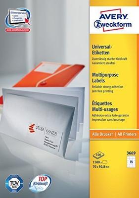 Avery-Zweckform 3669 Universele etiketten 70 x 50.8 mm Papier Wit 1500 stuk(s) Permanent hechtend Inkjet, Laser (zwart/wit), Laser (kleur), Kopiëren