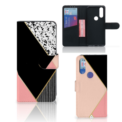 Motorola One Macro Book Case Zwart Roze Vormen Motorola One Macro Book Case Zwart Roze Vormen