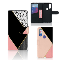 Motorola One Macro Book Case Zwart Roze Vormen