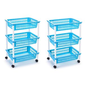 2x stuks opberg trolley/roltafel/organizer met 3 manden 40 x 30 x 61,5 cm wit/lichtblauw