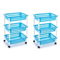 2x stuks opberg trolley/roltafel/organizer met 3 manden 40 x 30 x 61,5 cm wit/lichtblauw - thumbnail