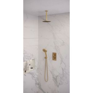 Regendoucheset Inbouw Brauer Gold Edition Thermostatisch 20 cm met 3-Weg Omstelling, Plafondarm en 3-Standen Handdouche Geborsteld Goud Brauer