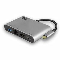 ACT (AC7040) USB-C 4K Multiport Dock met HDMI, USB-A, Ethernet en USB-C met PD Pass-Through, kabellengte 0,15 m, aluminium behuizing,Zilver