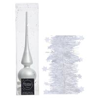 Kerstversiering glazen piek mat 26 cm en sterren folieslingers pakket winter wit van 3x stuks - thumbnail