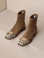 Elegant Metal Decor Houndstooth Paneled Block Heel Fashion Boots