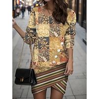 Dames Gewone jurk Bloemig Paisley Etnische jurk Schede jurk Strakke ronde hals Met ruches nappi Mini-jurk Buiten Dagelijks Vintage Etnisch Ruim Passend Lange m