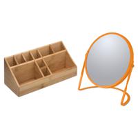 Make-up organizer en spiegel set - 10x vakjes - bamboe/metaal - 5x zoom spiegel