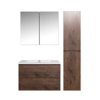 Badkamermeubel Set Callisto Diamond Hangend 80x50x48cm Walnoot Softclose Greeploos Mineraalmarmer Wastafel 1 Kraangat Overloop met Spiegelkast en Badkamerkast