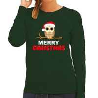 Leuke dieren Kersttrui Christmas uil Kerst sweater groen voor dames - thumbnail