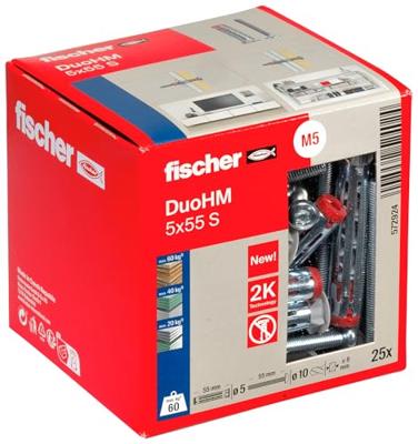 fischer Hollewandpluggen DuoHM 5 x 55 S TX, platenpluggen met metrische pankopschroef en TX-aandrijving voor het bevestigen van tv-houders, lampen, wandplanken en nog veel meer, in