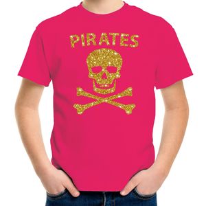 Carnaval piraten t-shirt roze voor kids met gouden glitter bedrukking XL (158-164)  -