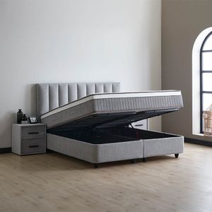 2-Persoons Boxspring Met Opbergruimte Riona - Grijs & Beige 140x200 cm - Pocketvering - Inclusief Topper - Dekbed-Discounter.nl