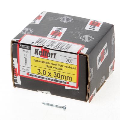 Kelfort Spaanplaatschroef platverzonken kop verzinkt T10 voldraad 3.0 x 30mm Kelfort Spaanplaatschroef platverzonken kop verzinkt T10 voldraad 3.0 x 30mm