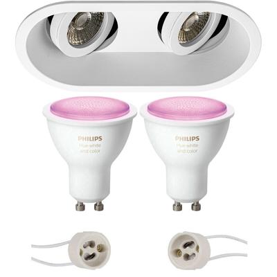 Pragmi Zano Pro - Inbouw Ovaal Dubbel - Mat Wit - Kantelbaar - 185x93mm - Philips Hue - LED Spot Set GU10 - White and Color Ambiance - Bluetooth