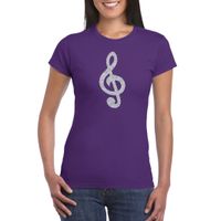 Zilveren muzieknoot G-sleutel / muziek feest t-shirt / kleding paars dames