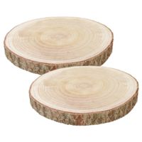 Decoratie boomschijf met schors - 2x - hout - D38 x H4 cm - rond