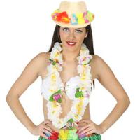 Carnaval verkleed set - Tropische Hawaii party - bloemen band strohoedje - en bloemenkrans wit - thumbnail