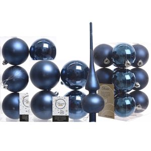 Kerstversiering kunststof kerstballen met piek donkerblauw 6-8-10 cm pakket van 45x stuks