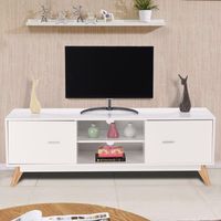 Meubel voor TV tot 60" Moderne TV-Console 2 Planken 2 Kasten Kabelgaten Massief Houten Poten voor Woonkamer Wit - thumbnail