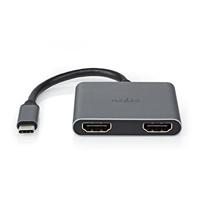Nedis USB-adapter met meerdere poorten | USB 3.2 Gen 1 | USB-C™ stekker | 2 x HDMI™ | 0,10 m | rond | vernikkeld | pvc | zwart | Bo