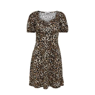 ONLY A-lijn jurk ONLTHEA met panterprint en plooien bruin