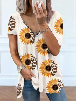 Zonnebloem Casual V Nek Rits Loszittend T-shirt Zonnebloem Casual V Nek Rits Loszittend T-shirt