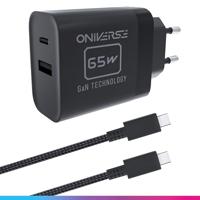 Oniverse 65W AC Adapter, Dubbele USB-C en USB-A Poort - Oplader voor Switch 2, Switch, OLED, Lite, PC, Android, 1,5 Meter, 240V, Slimme GaN Oplading, Afneembare USB-C Gevlochten Kabel inbegrepen