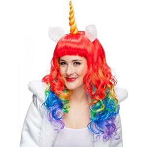 Eenhoorn/Unicorn verkleed pruik - dames - carnaval - met hoorn - regenboog kleuren