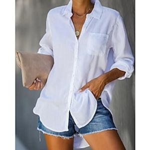 Dames Overhemd Blouse Katoen Linnen nappi Casual Dagelijks Effen Basic Lange mouw Overhemdkraag Wit Zomer Lente Lightinthebox