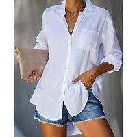 Dames Overhemd Blouse Katoen Linnen nappi Casual Dagelijks Effen Basic Lange mouw Overhemdkraag Wit Zomer Lente Lightinthebox - thumbnail