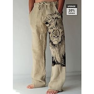 Voor heren Linnen broek Broek Zomerbroek Strandbroeken Trekkoord Elastische taille 3D-afdrukken dier Leeuw Grafische prints Comfort Casual Dagelijks Feestdagen 20% linnen Streetwear Hawaii blauw Groen Lightinthebox